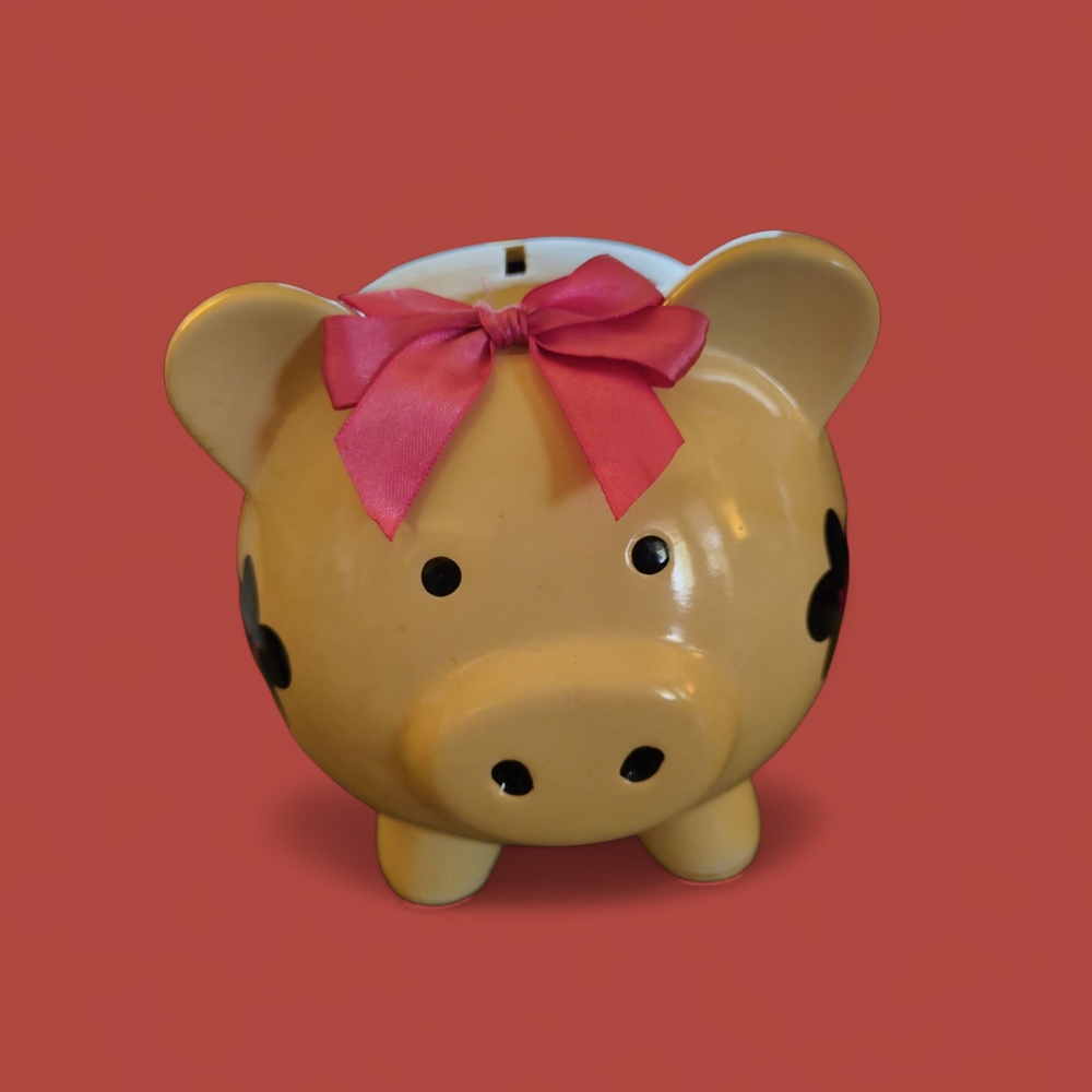 Yellow Piggy Bank with Pink Bow